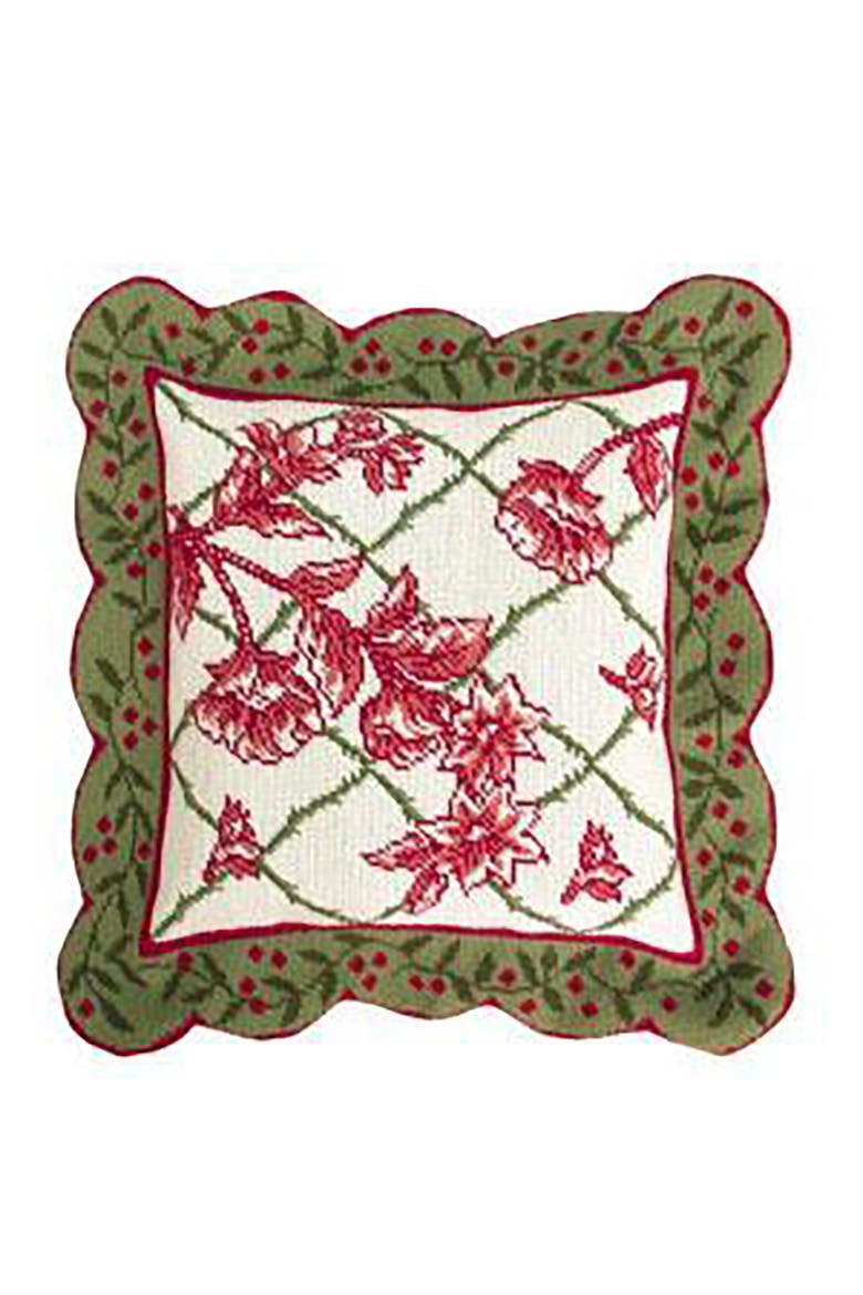 Cranberry Toile Needlepoint Pillow, 19" x 19", Main, color, White