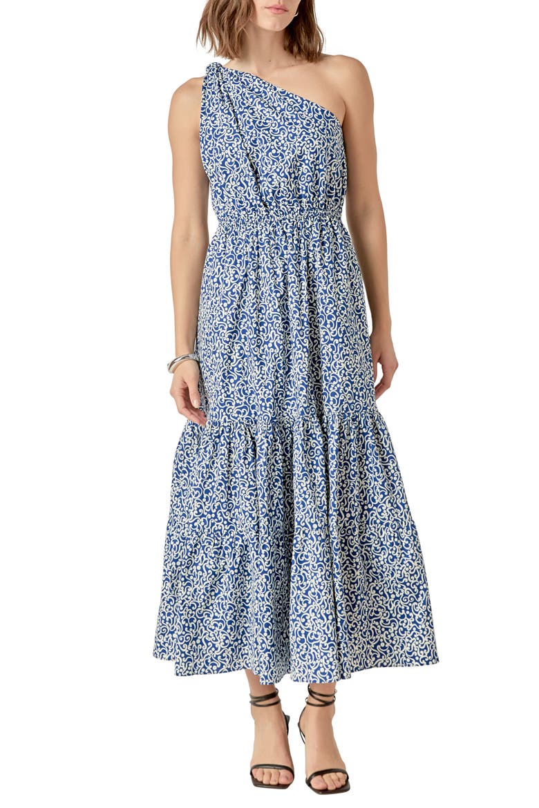 One-Shoulder Fit & Flare Dress, Main, color, BLUE