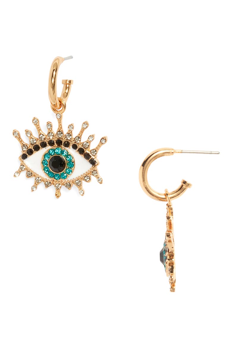 Evil Eye Huggie Drop Earrings, Main, color, TEAL