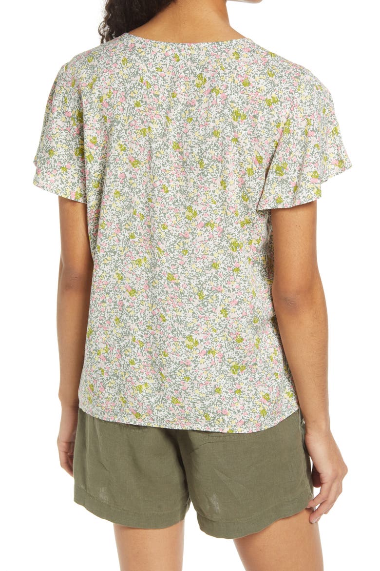 Dobby Flutter Sleeve Top, Alternate, color, IVORY PINK GREEN CAMO DITSY