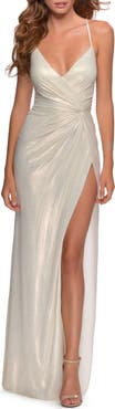 La Femme Long Metallic Jersey Prom Dress with Knot Detail