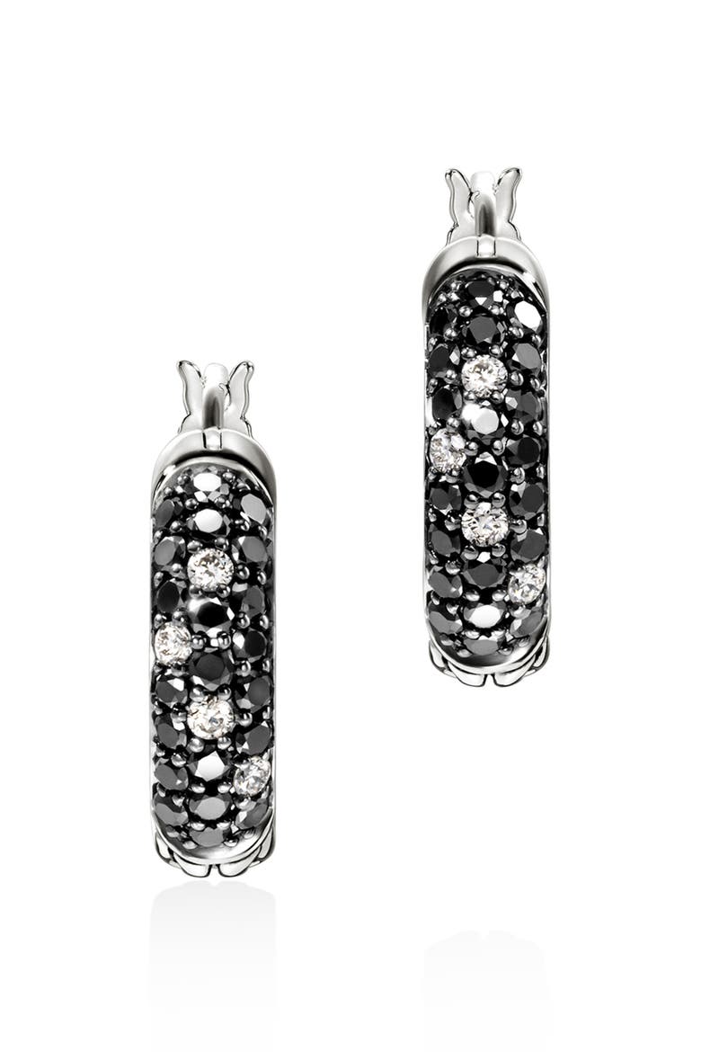 JH Essentials Hoop Earrings, Sterling Silver, Diamonds, 13mm, Main, color, SILVER/BLACK DIAMONDS