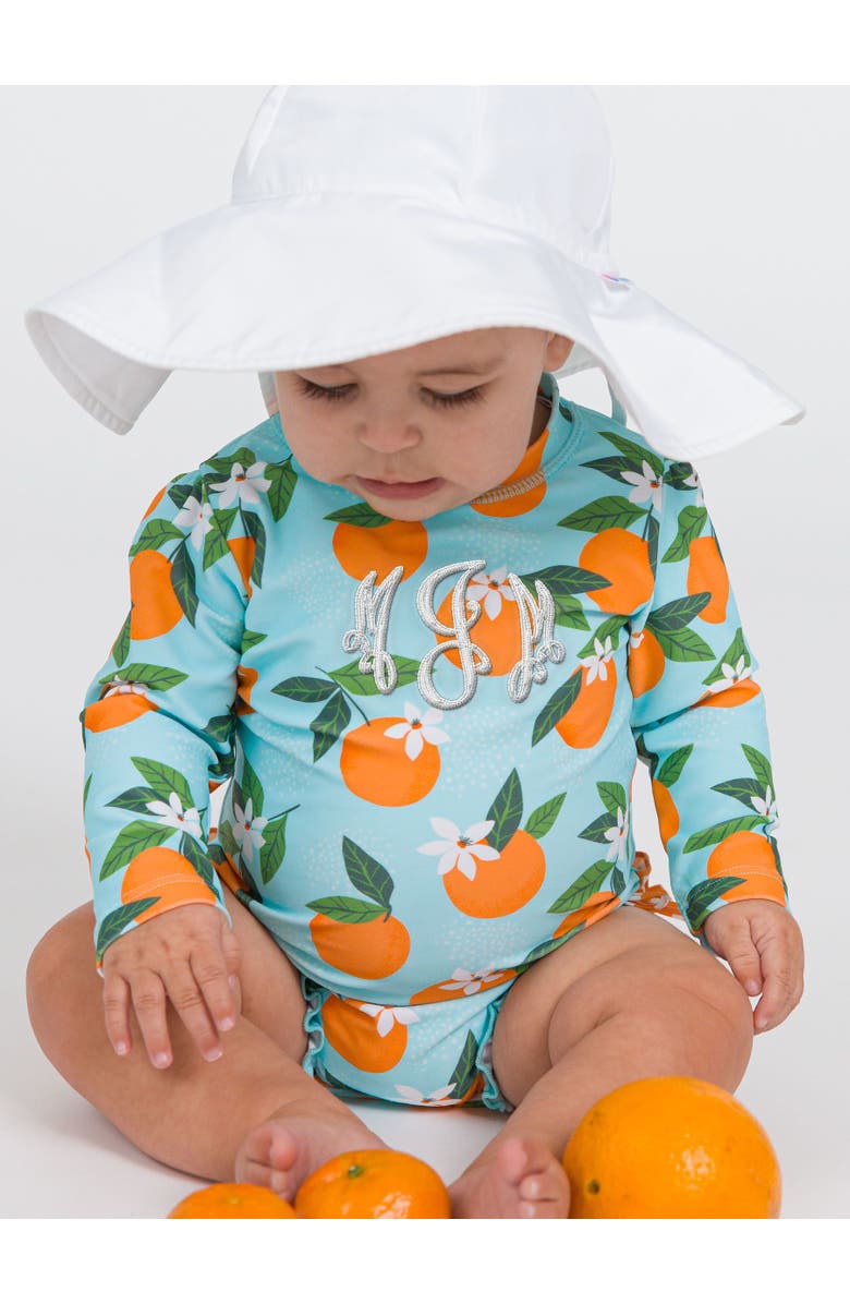 RuffleButts Baby Girls Orange You The Sweetest Long Sleeve UPF50+ One Piece Rash Guard, Alternate, color, Blue Orange You The Sweetest