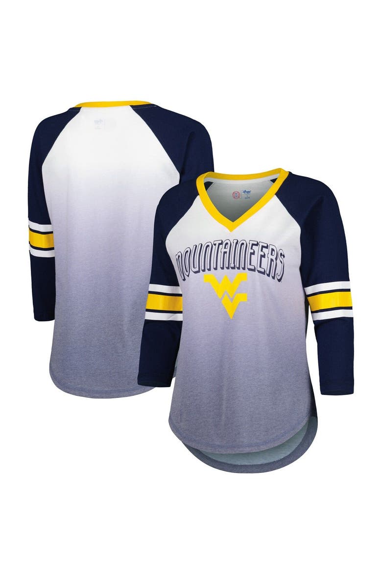 Women's G-III 4Her by Carl Banks White/Navy West Virginia Mountaineers Lead Off Ombre Raglan 3/4-Sleeve V-Neck T-Shirt, Main, color, White