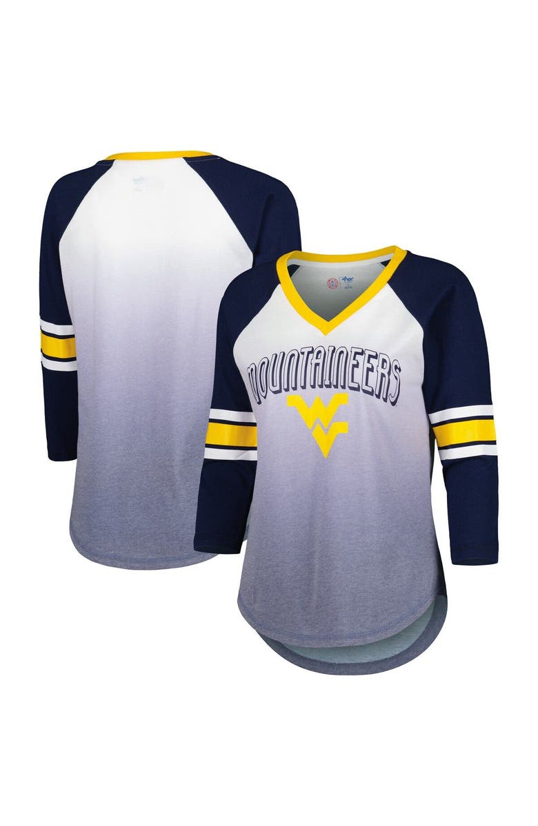 G-III 4HER BY CARL BANKS Women's G-III 4Her by Carl Banks White/Navy West Virginia Mountaineers Lead Off Ombre Raglan 3/4-Sleeve V-Neck T-Shirt, Main, color, 