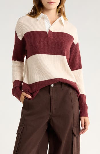 Vigoss Stripe Rugby Polo Sweater In White