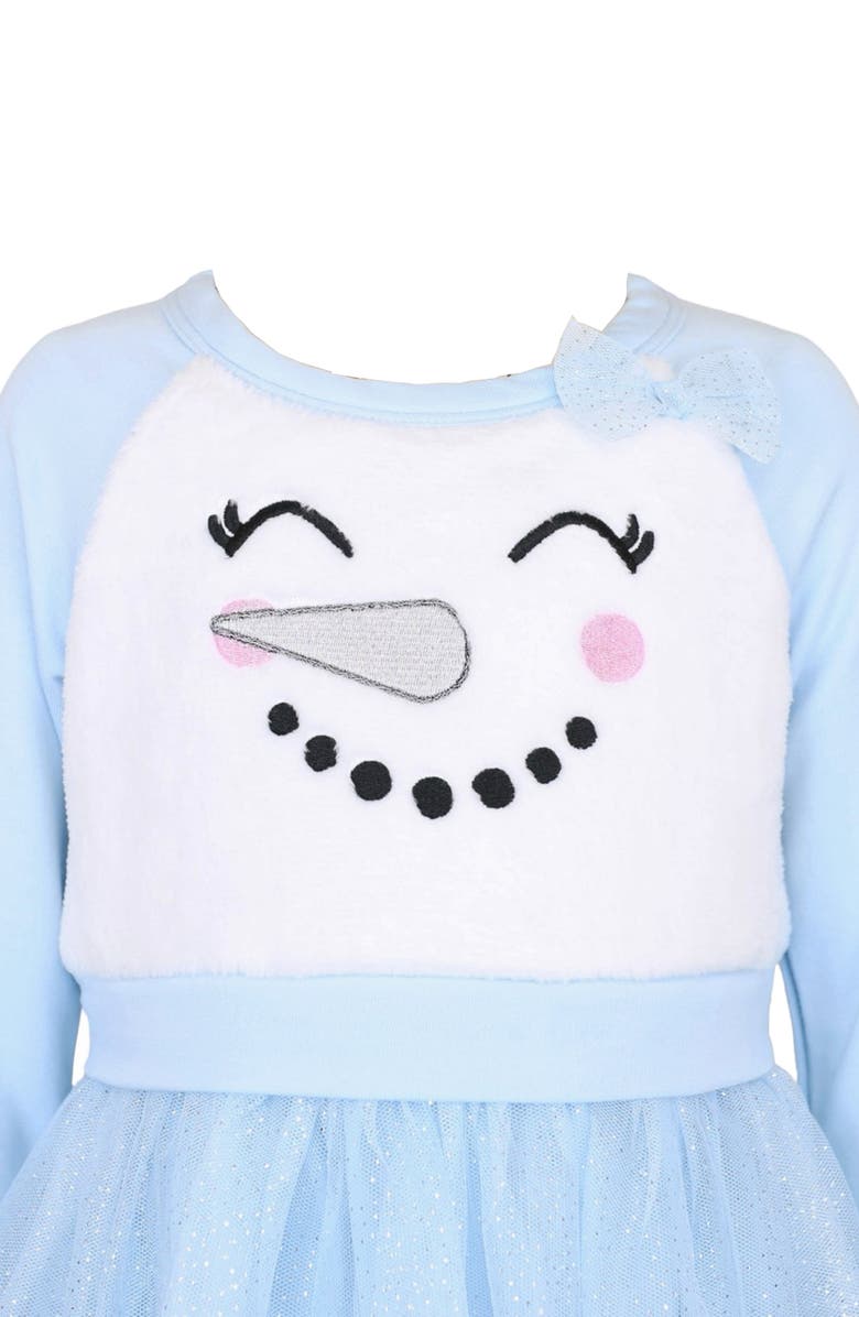 Zunie Kids' Snowman Embroidered Long Sleeve Plissé Dress, Alternate, color, Ivory/ Blue