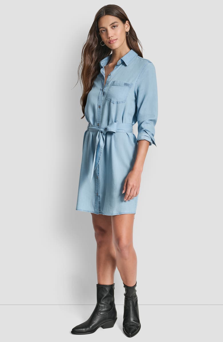 DKNY Jeans Tie Waist Long Sleeve Shirtdress, Alternate, color, Chambray
