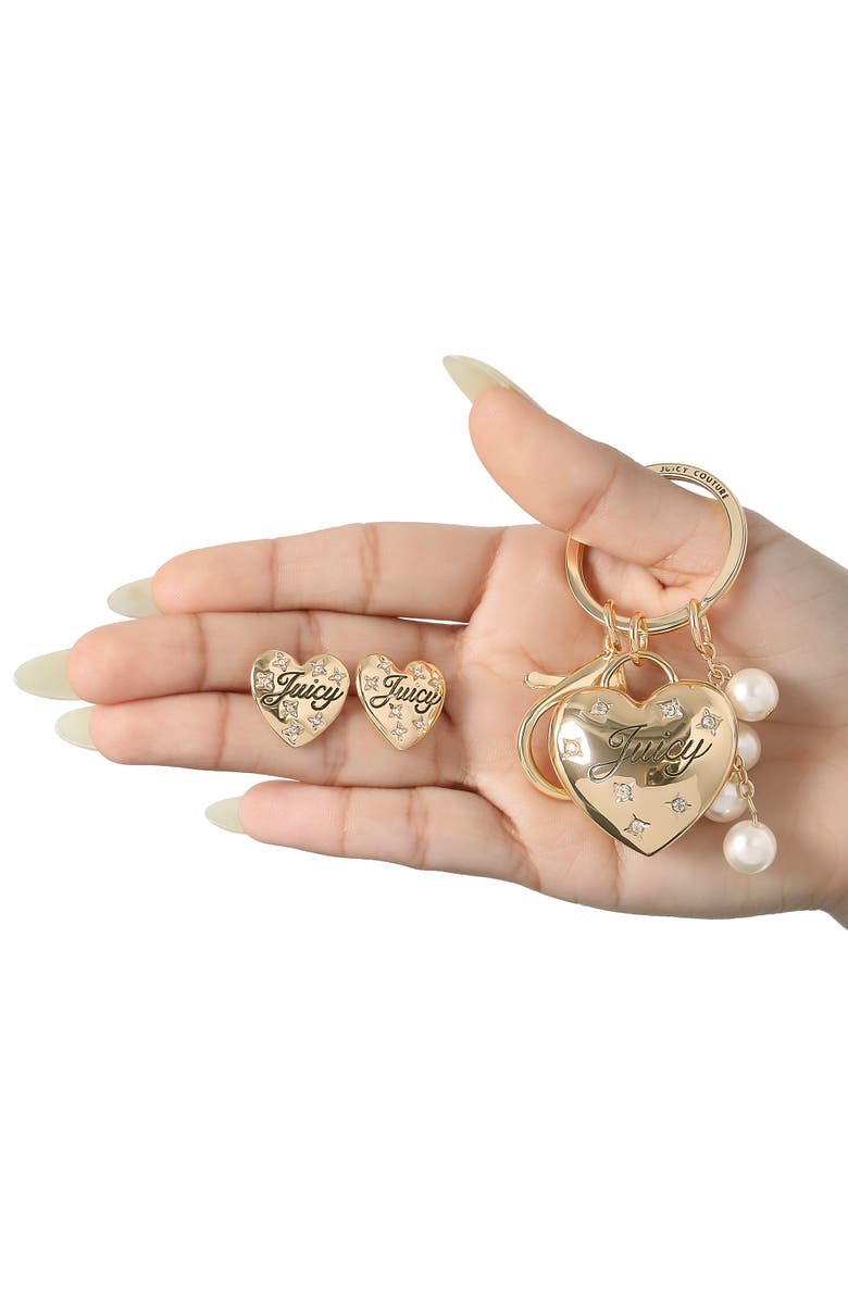 Juicy Couture Heart Keychain & Earring Set with Crystal Accents, Alternate, color, Gold, Silver