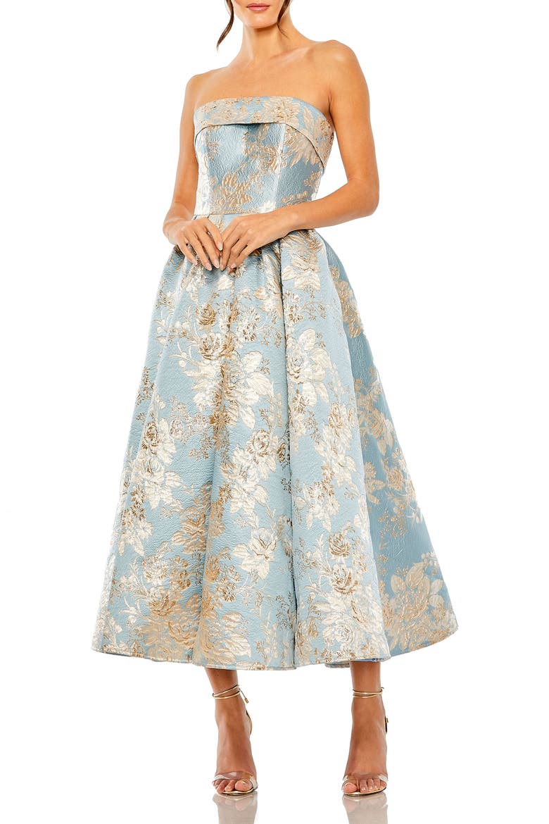 Petite Strapless Floral Brocade Midi Dress with Pockets, Main, color, Blue Multi