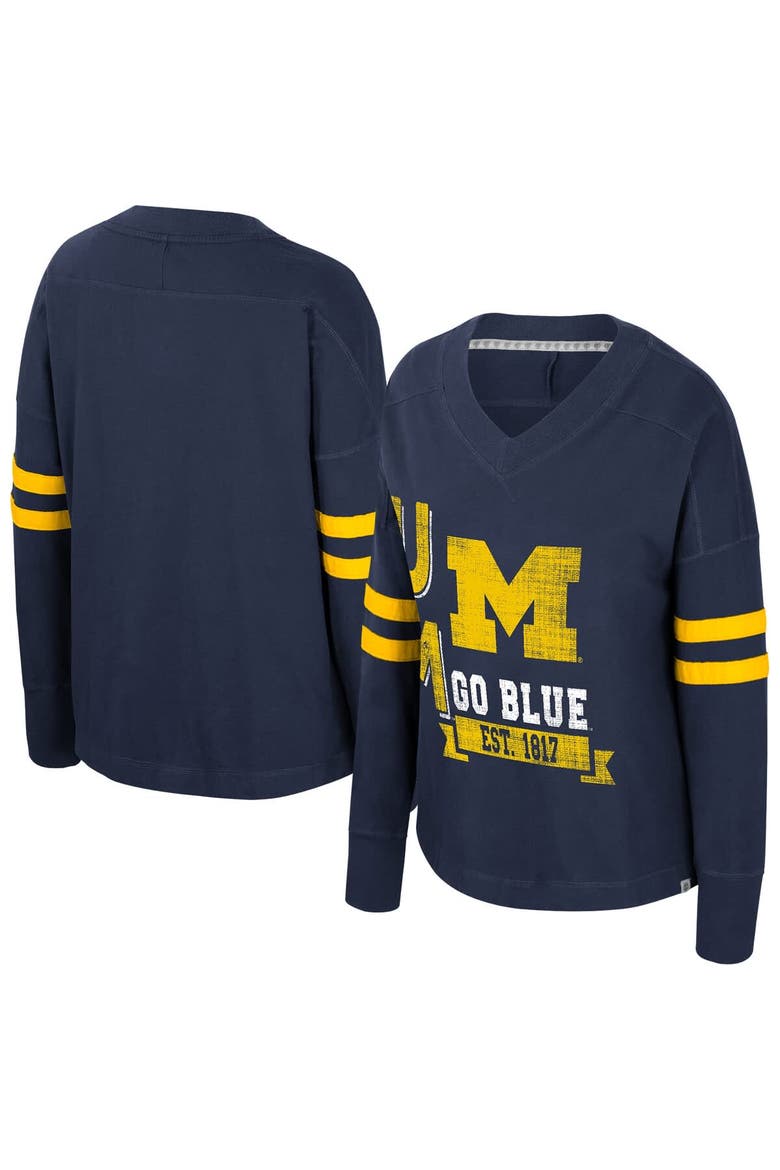 Women's Colosseum  Navy Michigan Wolverines Oversized Violet Distressed V-Neck Long Sleeve T-Shirt, Main, color, Navy