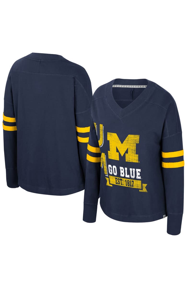 COLOSSEUM Women's Colosseum Navy Michigan Wolverines Oversized Violet Distressed V-Neck Long Sleeve T-Shirt, Main, color, Navy