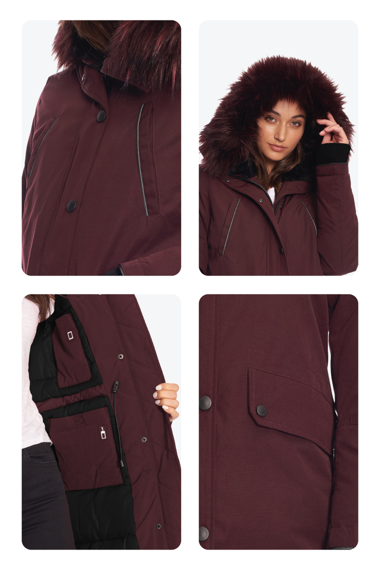 Laurentian - Vegan Down Long Winter Parka with Faux Fur Hood, Alternate, color, GRAPE