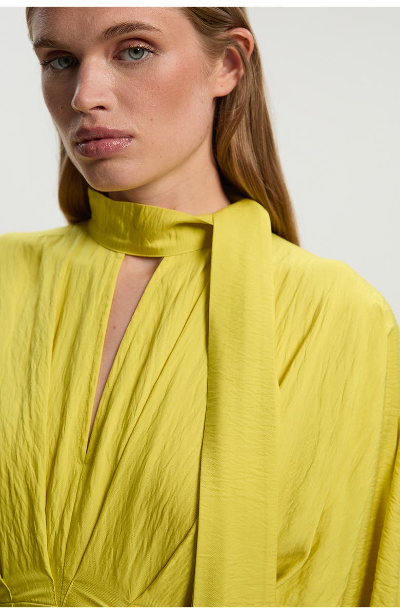 Karen Millen Pleated Neck Tie Detail Woven Maxi Dress, Alternate, color, Chartreuse