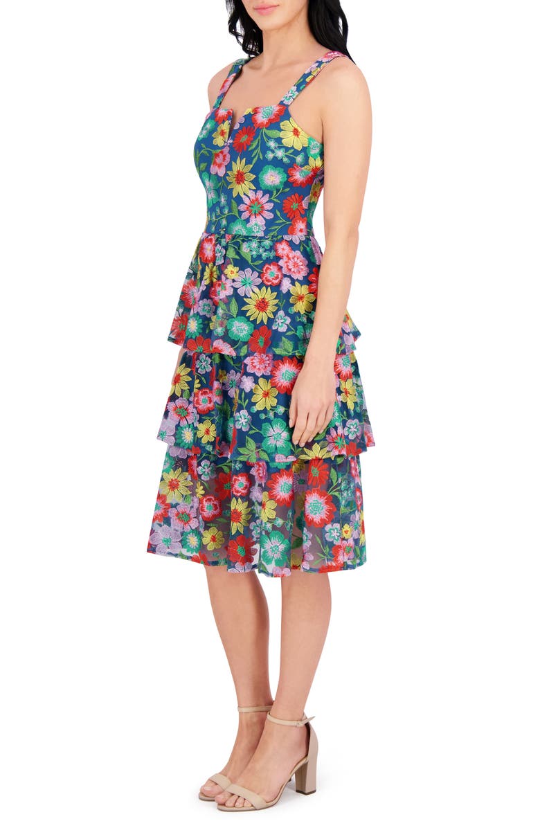 Kensie Embroidered Mesh Tiered Dress, Alternate, color, Blue Multi