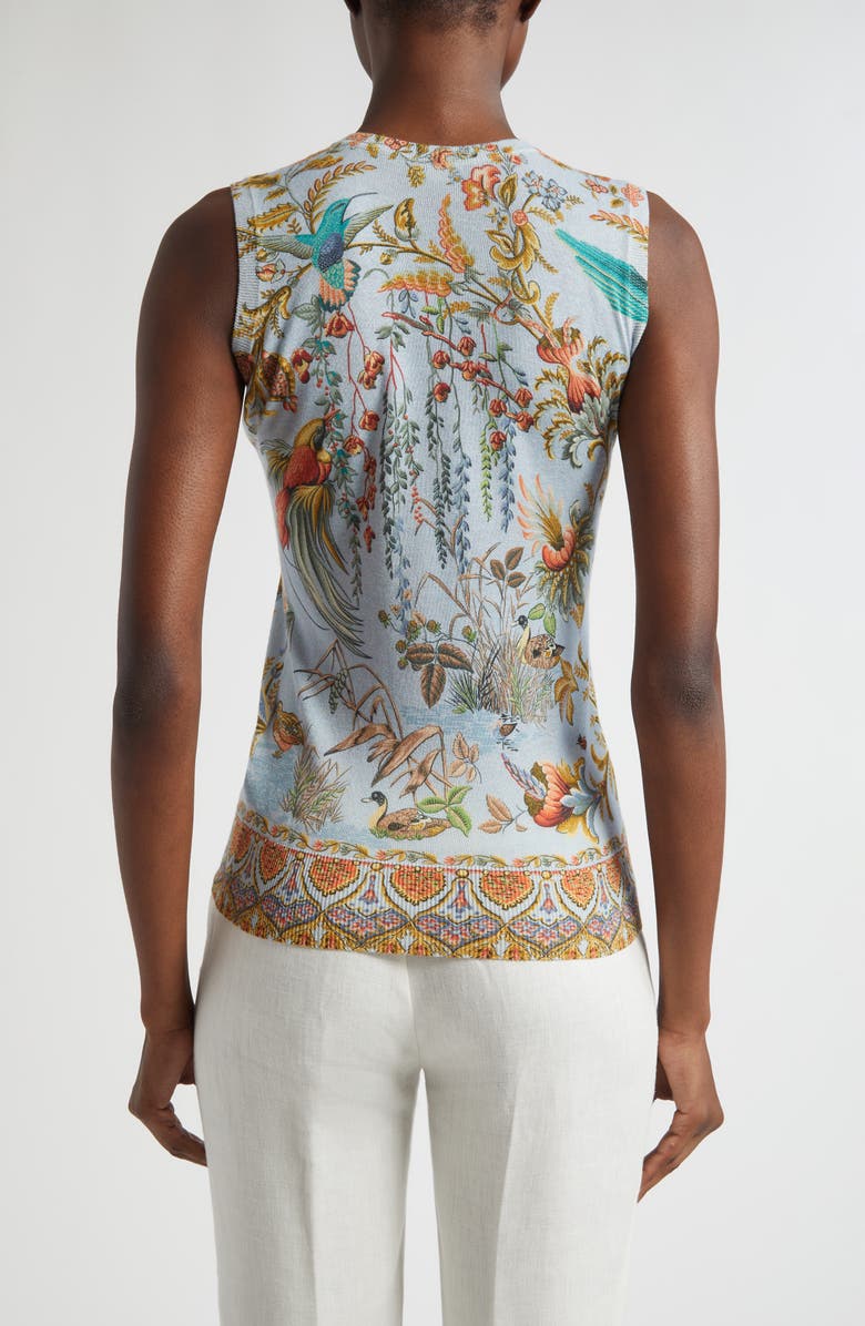 Etro Flora & Fauna Silk & Cashmere Sweater Tank, Alternate, color, Multicolour On Pale Blue Base