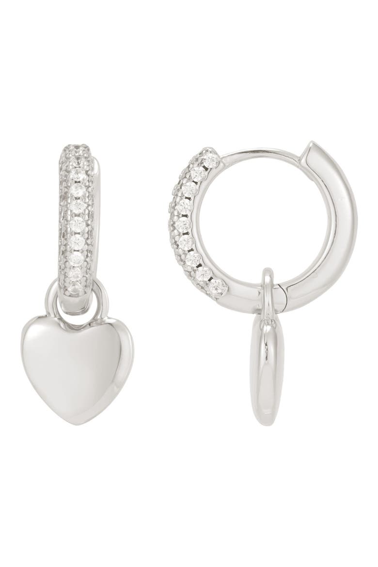Cubic Zirconia Heart Huggie Hoop Earrings, Main, color, SILVER