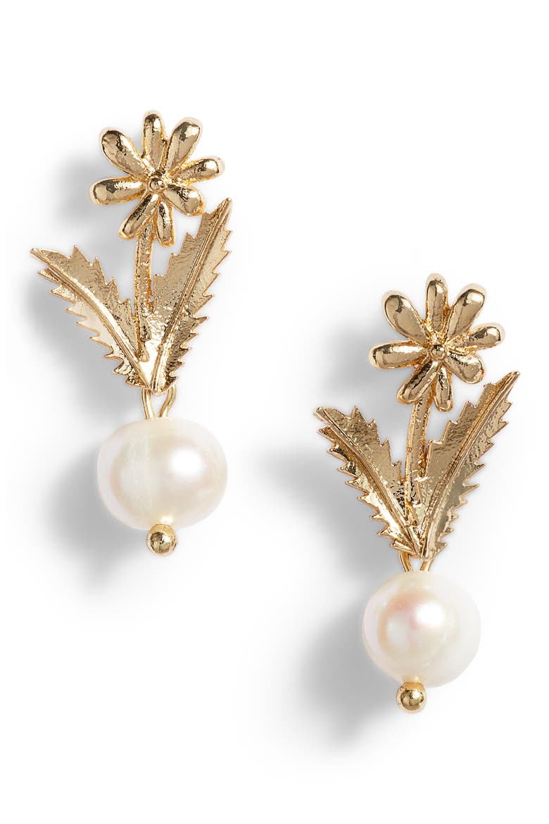Lobelia Genuine Pearl Earrings, Main, color, 14K GOLD
