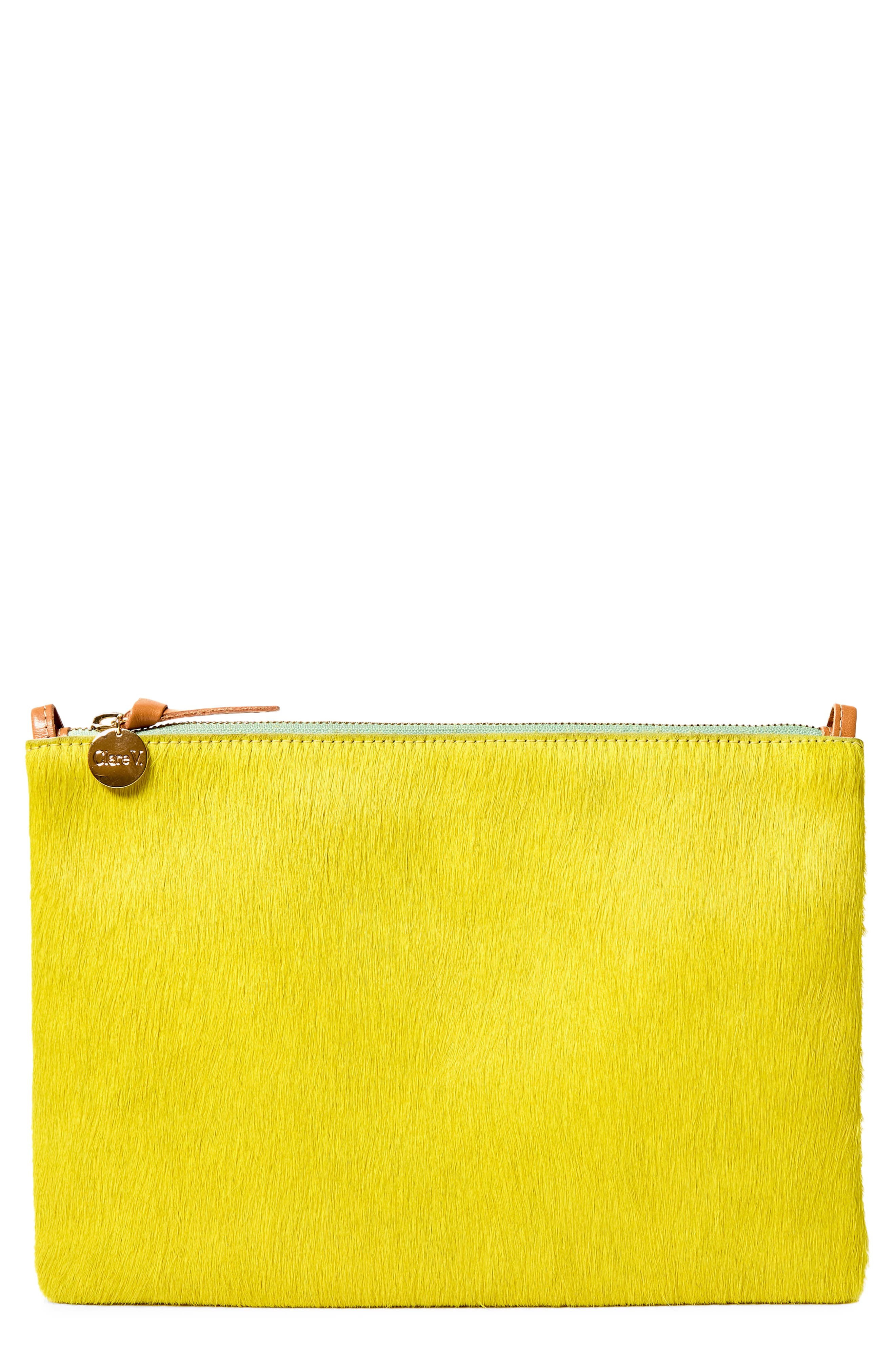 Clare V. Genuine Calf Hair Flat Clutch with Tabs, Main, color, Citron