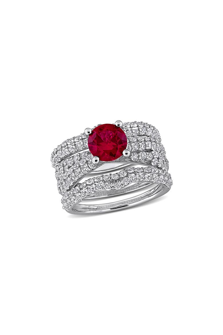 Lab Created White Sapphire & Lab Created Ruby Ring Stack Set, Main, color, RED