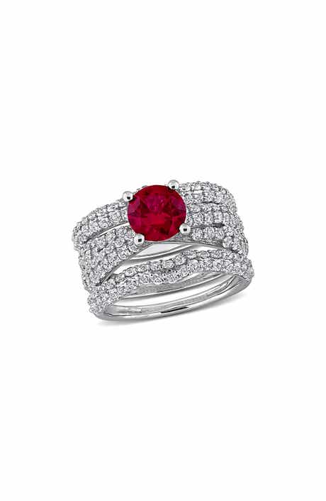 DELMAR Lab Created White Sapphire & Lab Created Ruby Ring Stack Set