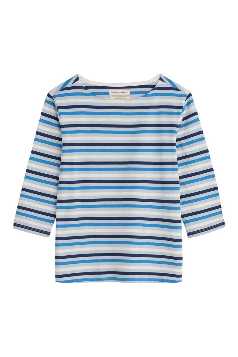 Sailor Stripe Three Quarter Sleeve Organic Cotton T-Shirt, Alternate, color, TRI MINI CORNISH BLUE FOG