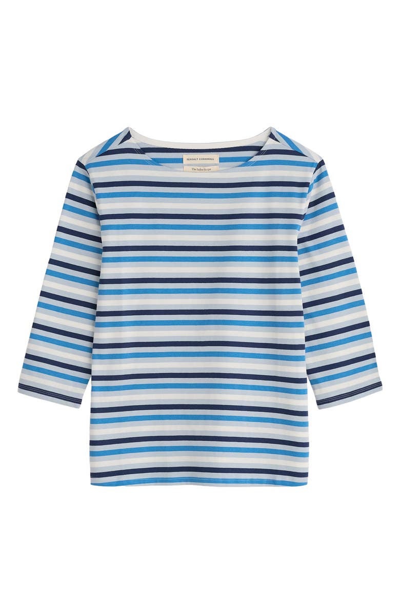 Seasalt Cornwall Sailor Stripe Three Quarter Sleeve Organic Cotton T-Shirt, Alternate, color, Tri Mini Cornish Blue Fog