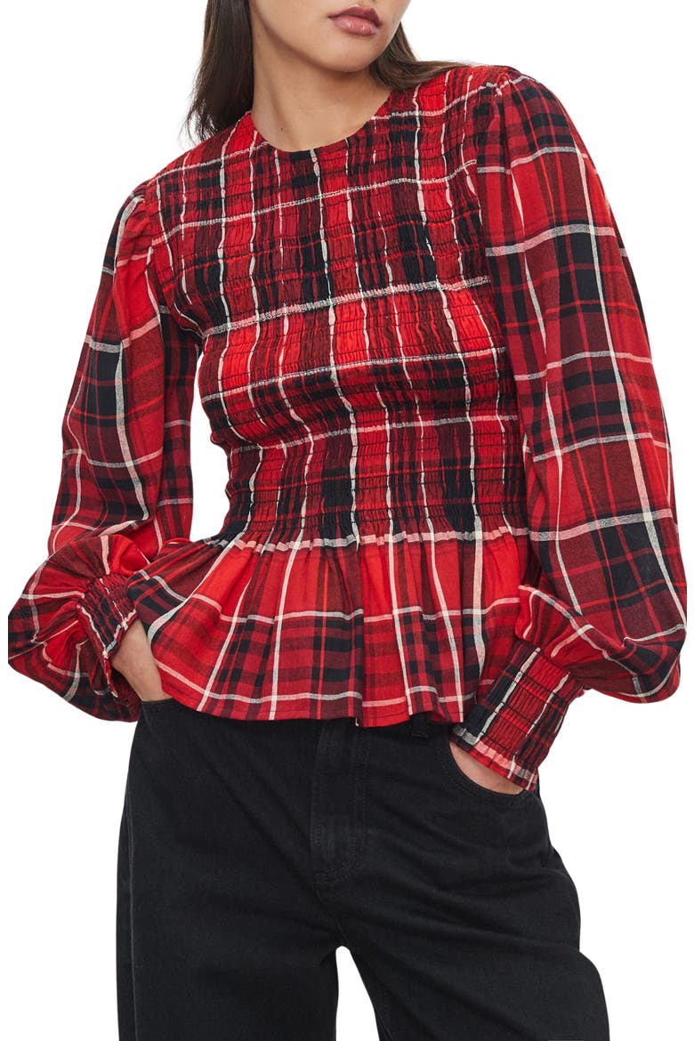 Plaid Smocked Peplum Cotton Blend Top, Main, color, RED