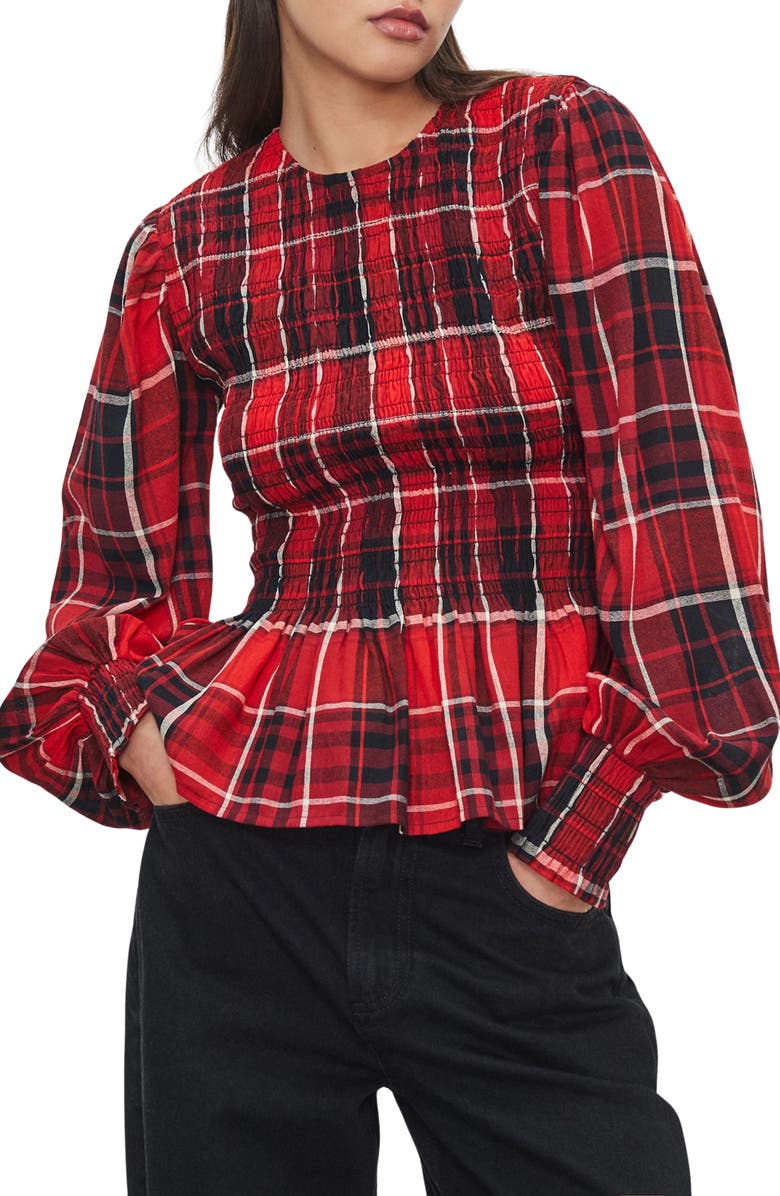NEXT Plaid Smocked Peplum Cotton Blend Top, Main, color, Red