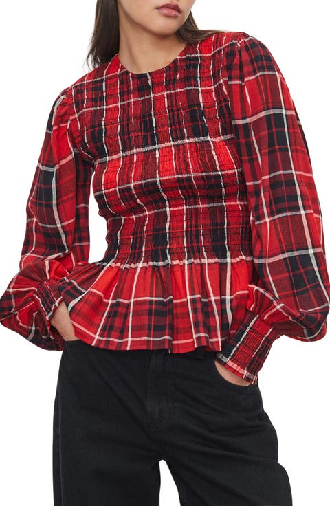 Plaid Smocked Peplum Cotton Blend Top