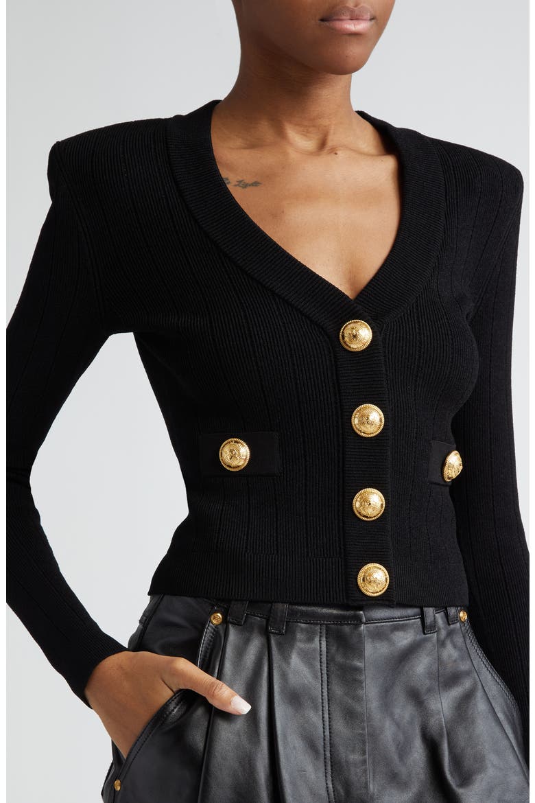 V-Neck Crop Pointelle Rib Cardigan, Alternate, color, BLACK