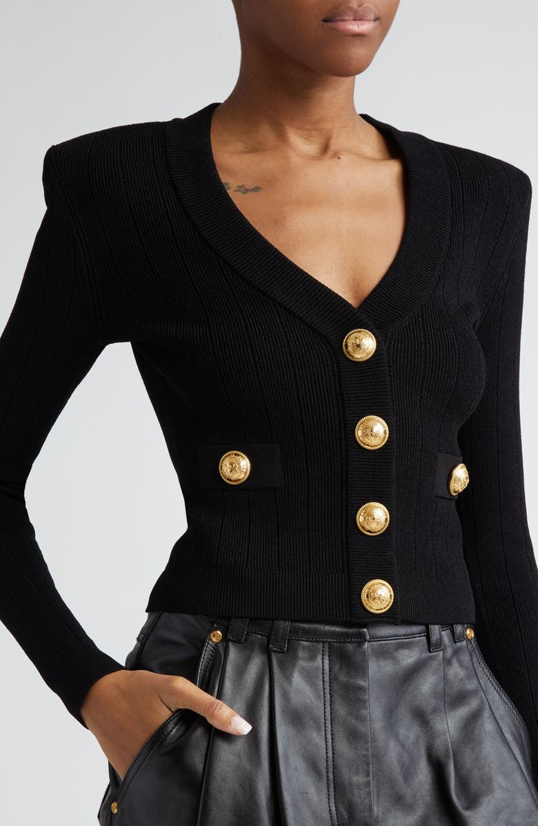 Balmain V-Neck Crop Pointelle Rib Cardigan, Alternate, color, 