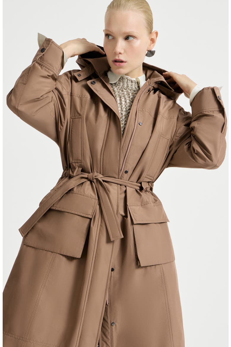 Techno cotton taffeta coat with detachable hood and shiny zipper pull, Alternate, color, Camel