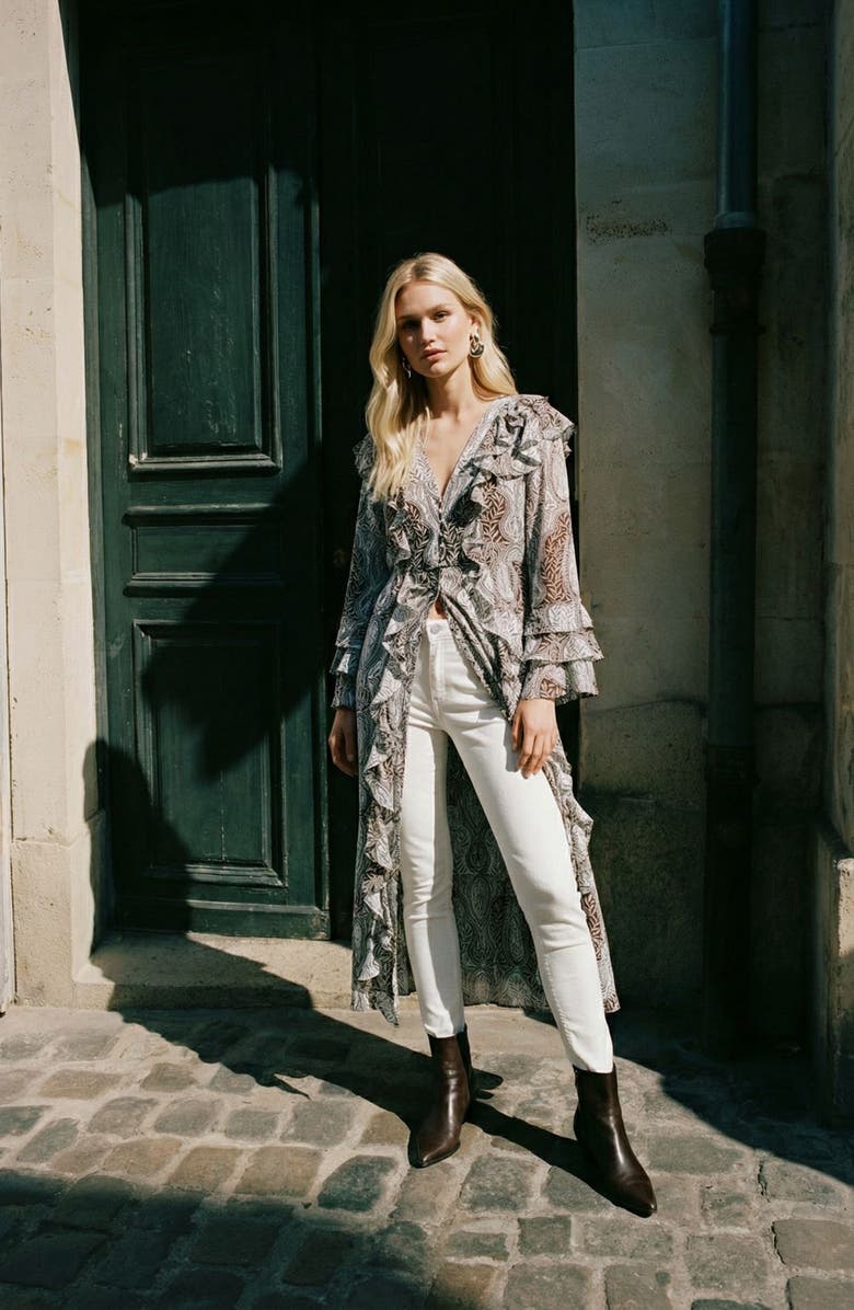 VERO MODA Tara Leaf Print Button Front Longline Cardigan, Alternate, color, Skywriting Aoptammy