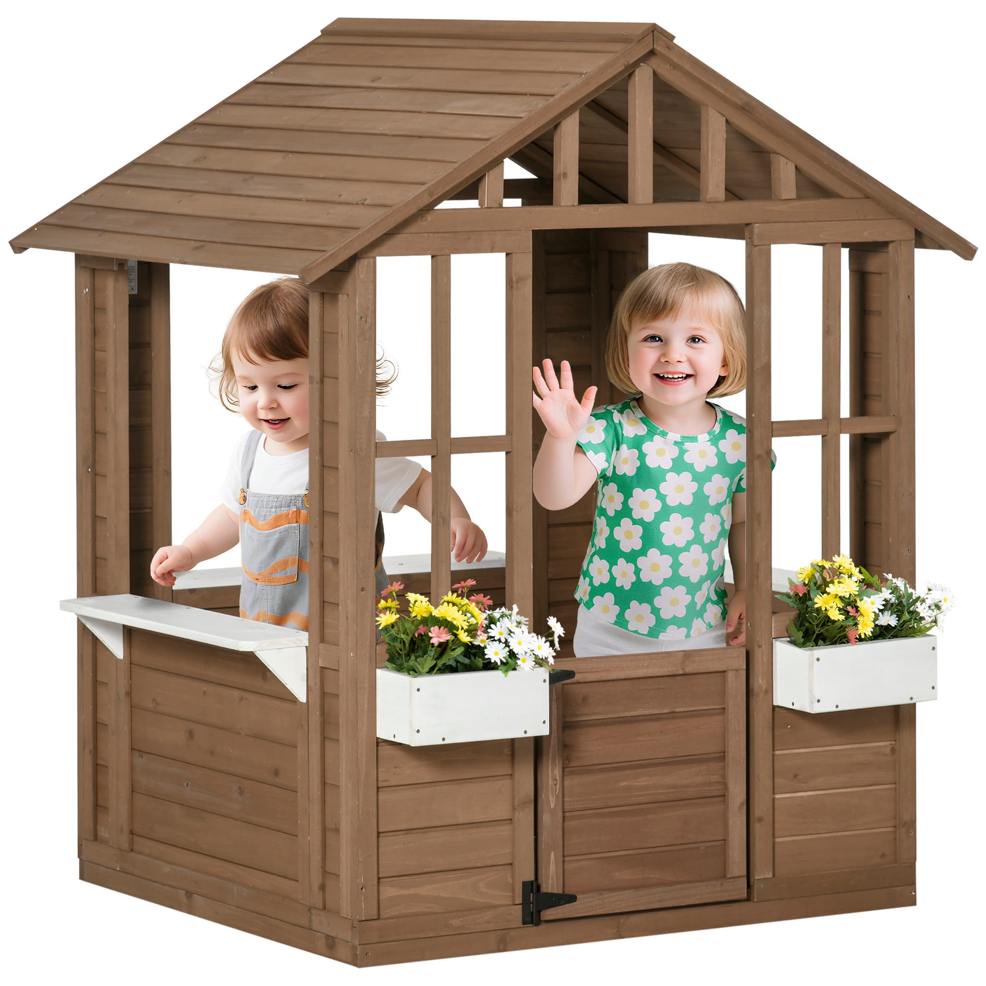 Outsunny Kids Wooden Playhouse with Flower Pot Holder, Working Door, Windows, Outdoor Use in Brown 