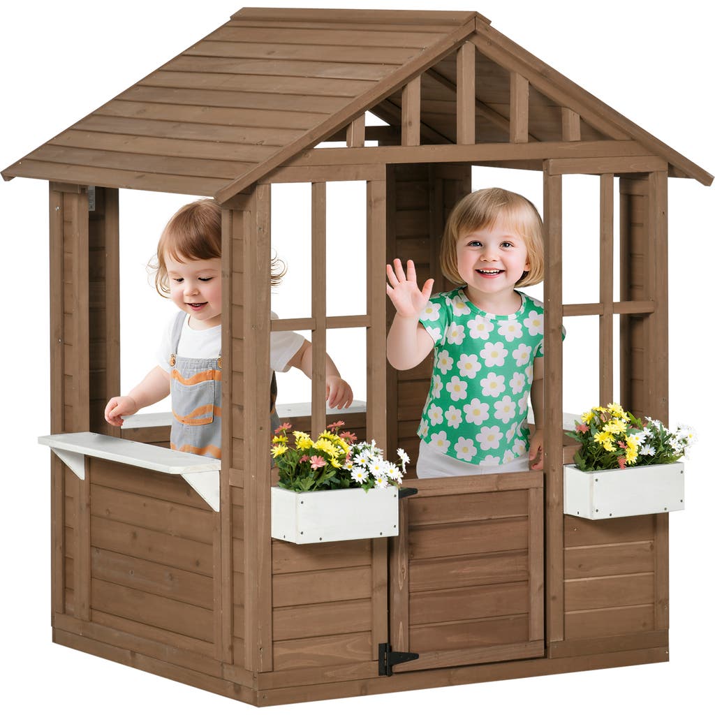 Outsunny Kids Wooden Playhouse with Flower Pot Holder, Working Door, Windows, Outdoor Use in Brown  product