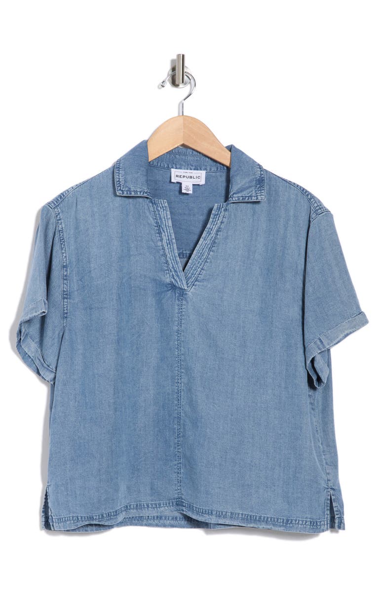 FOR THE REPUBLIC Short Sleeve Popover Top, Alternate, color, Med Wash