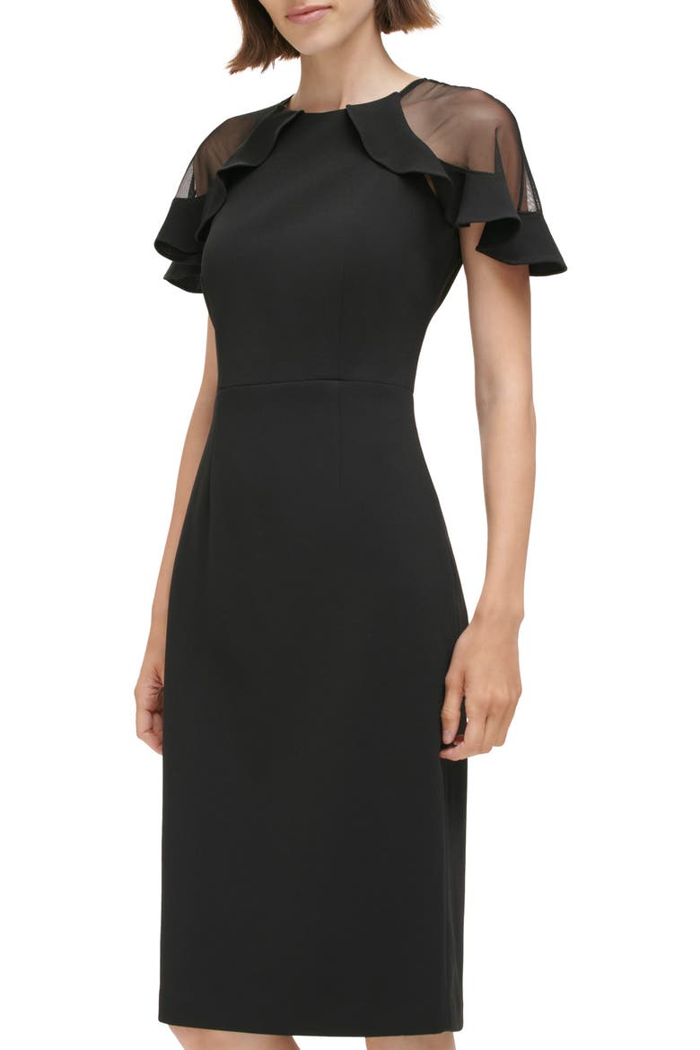 Sheer Ruffle Shoulder Cocktail Dress, Alternate, color, BLACK