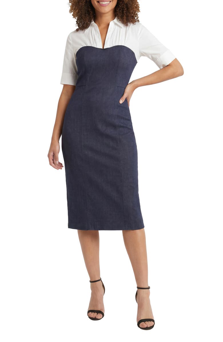 London Times Short Sleeve Mixed Media Sheath Dress, Main, color, Denim Blue