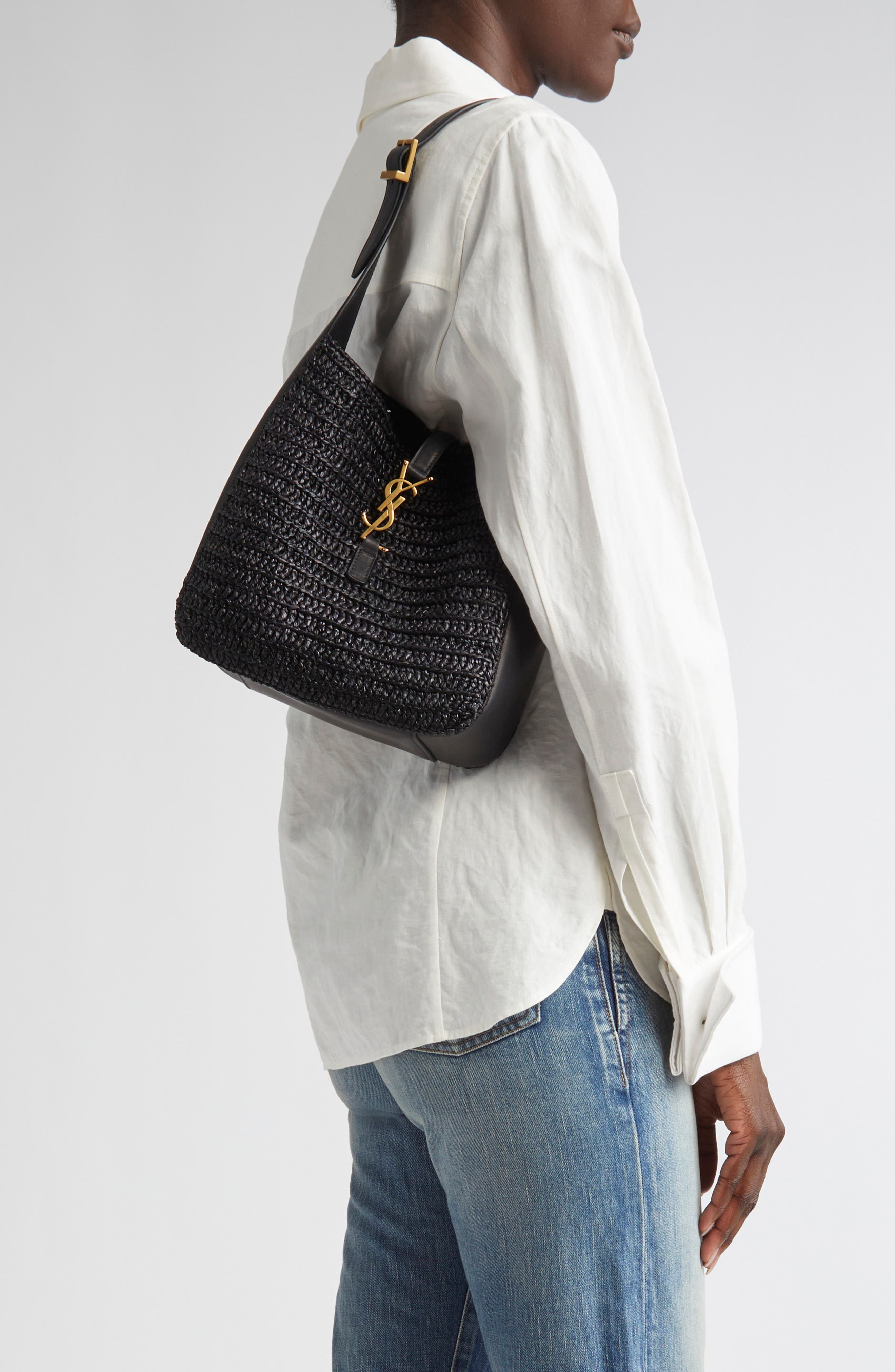 Saint Laurent Small Le 5 À 7 Woven Raffia Hobo Bag, Alternate, color, 