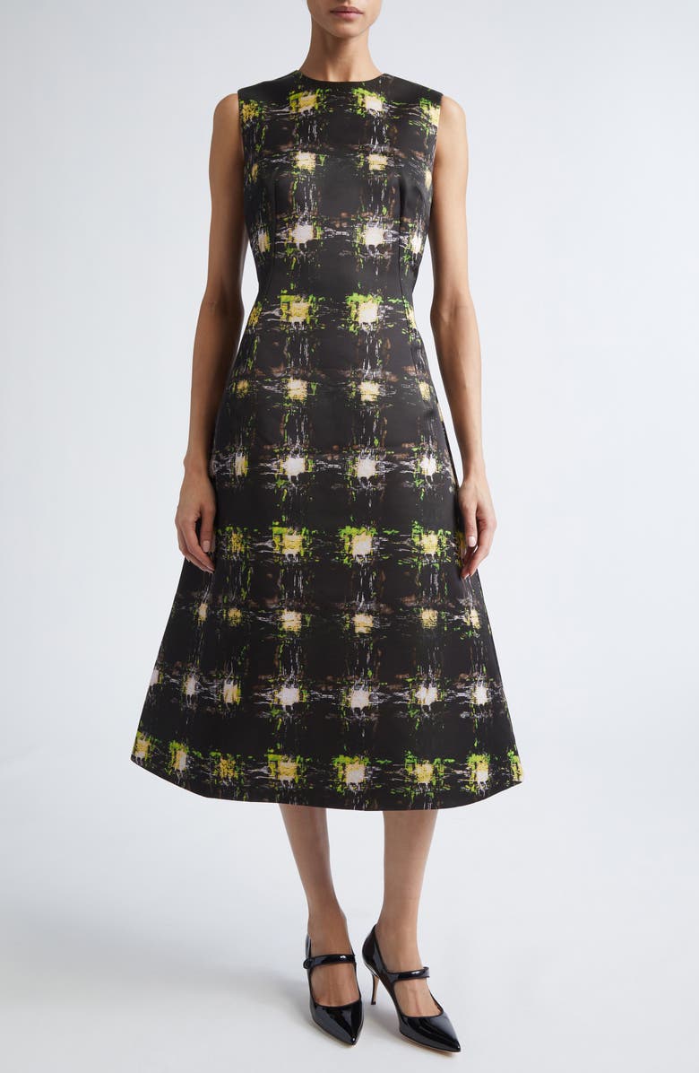 Emilia Wickstead Rumi Genzianella Fit & Flare Midi Dress, Main, color, Printed Wool Check Green