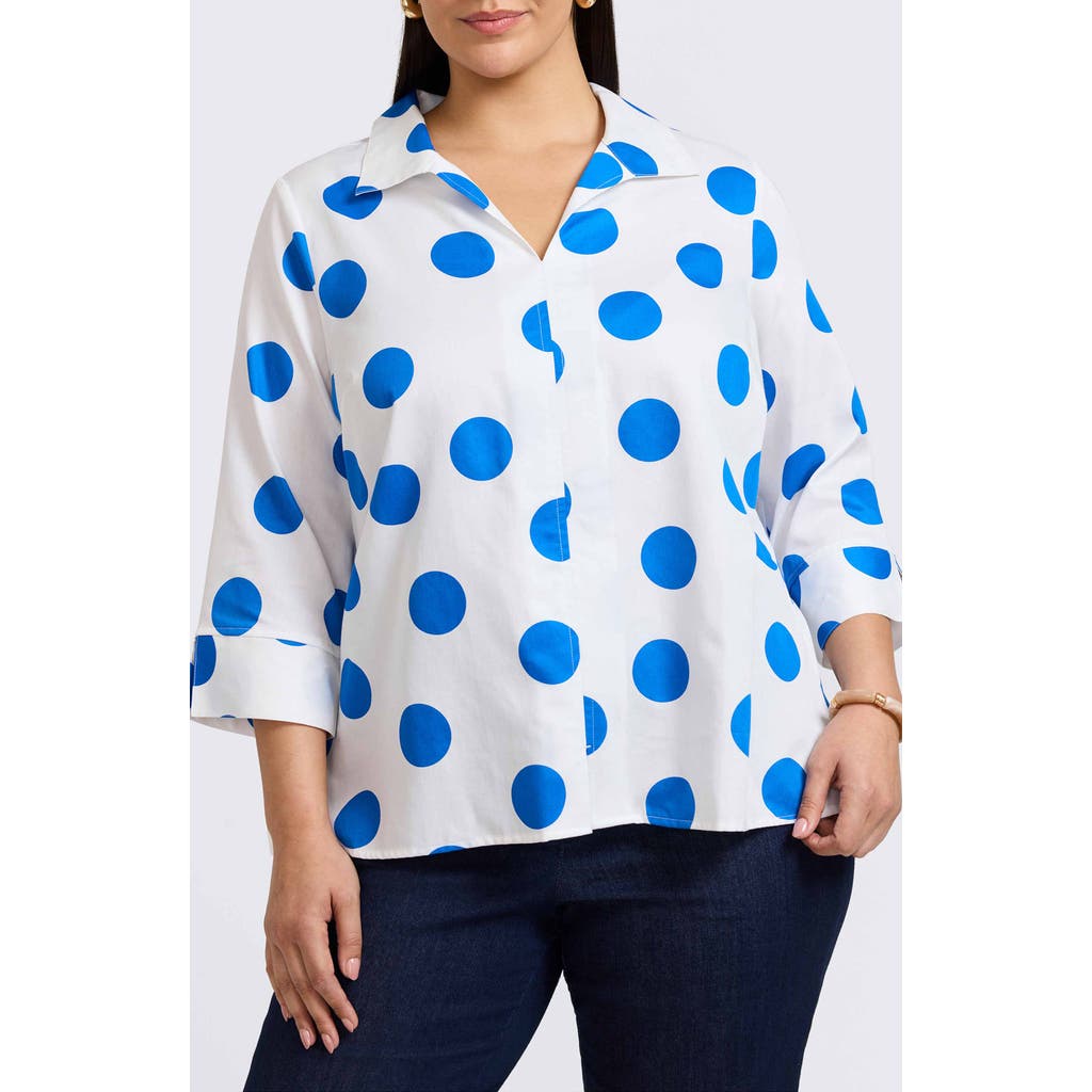 Foxcroft Agnes Dot Print Three-quarter Sleeve Cotton Popover Top In White/blue