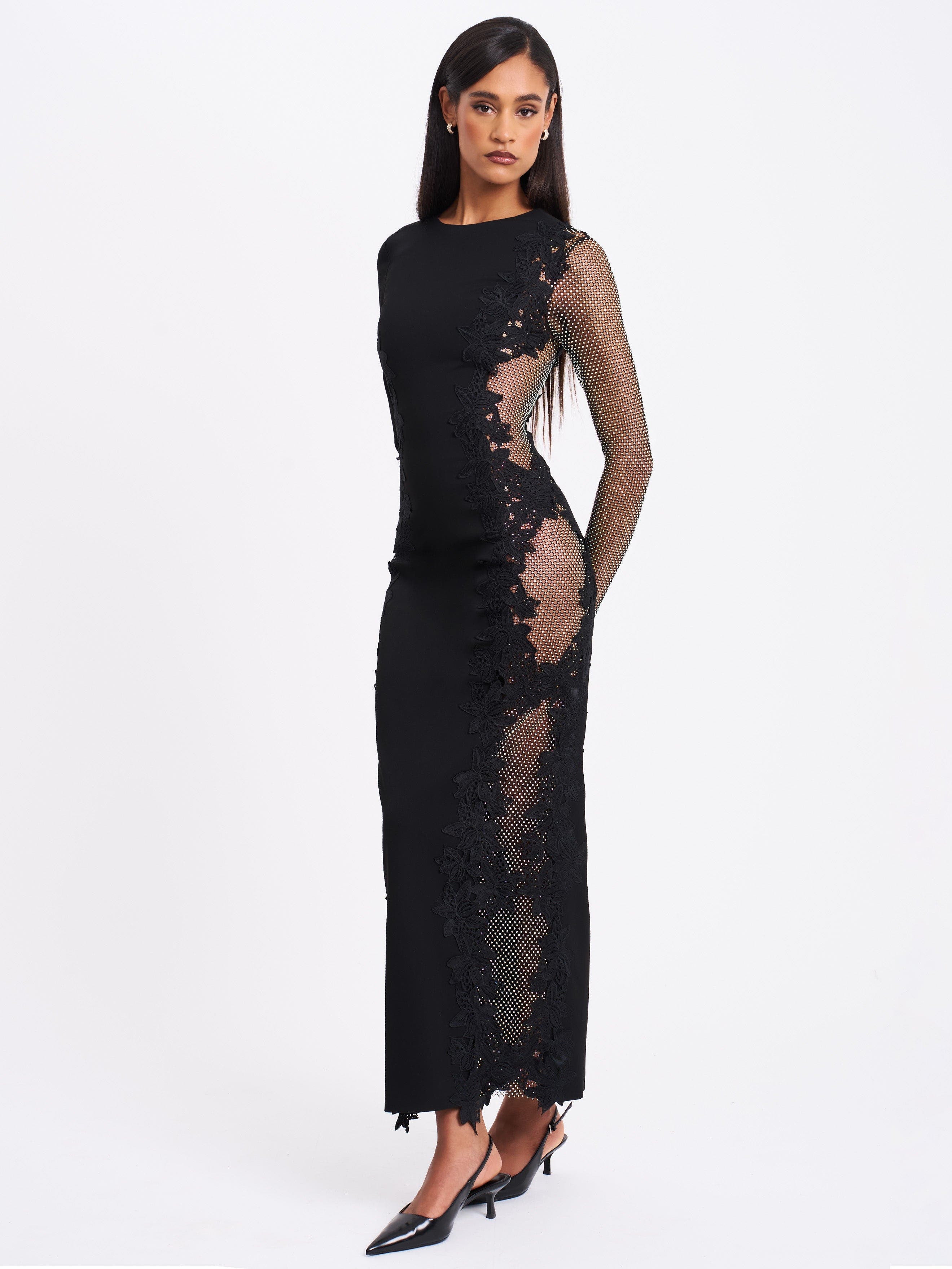Miss Circle Bailey Lace Trim Crystal Net Cutout Long Sleeve Gown in Black 