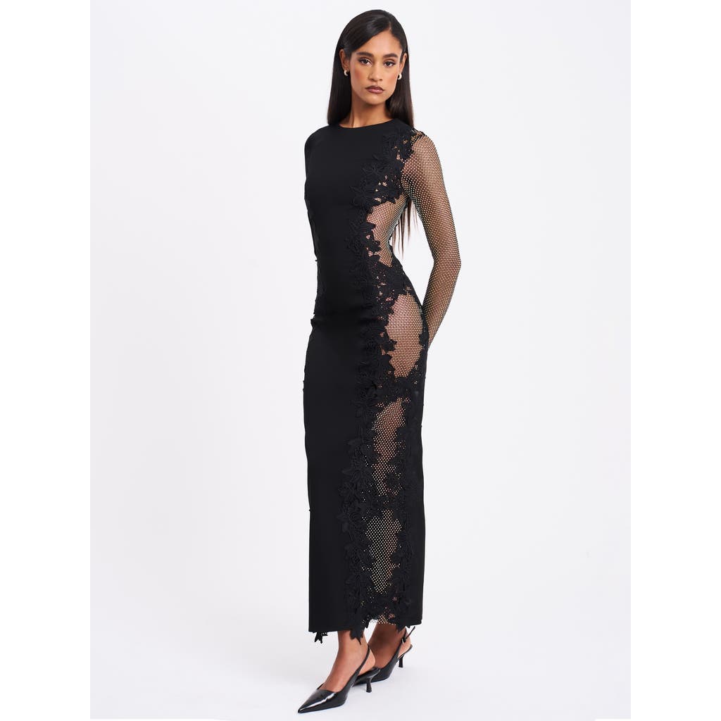 Miss Circle Bailey Lace Trim Crystal Net Cutout Long Sleeve Gown in Black  product