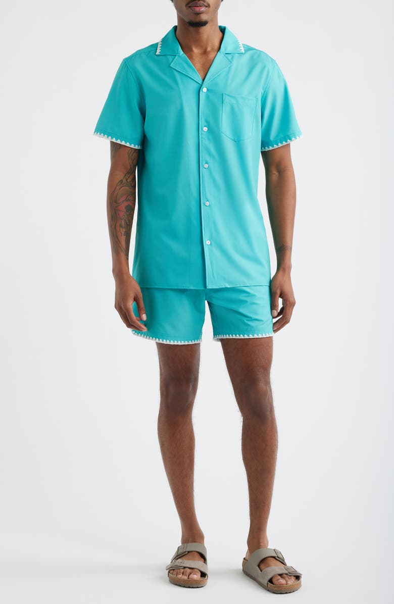 MAVRANS Crochet Trim Teal Camp Shirt, Alternate, color, Teal