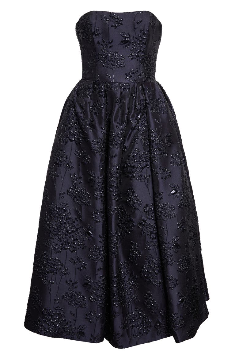 Strapless Metallic Floral Jacquard Midi Dress, Alternate, color, MIDNIGHT