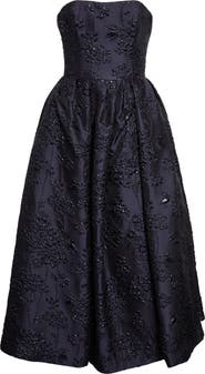 Carolina Herrera Strapless Metallic Floral Jacquard Midi Dress