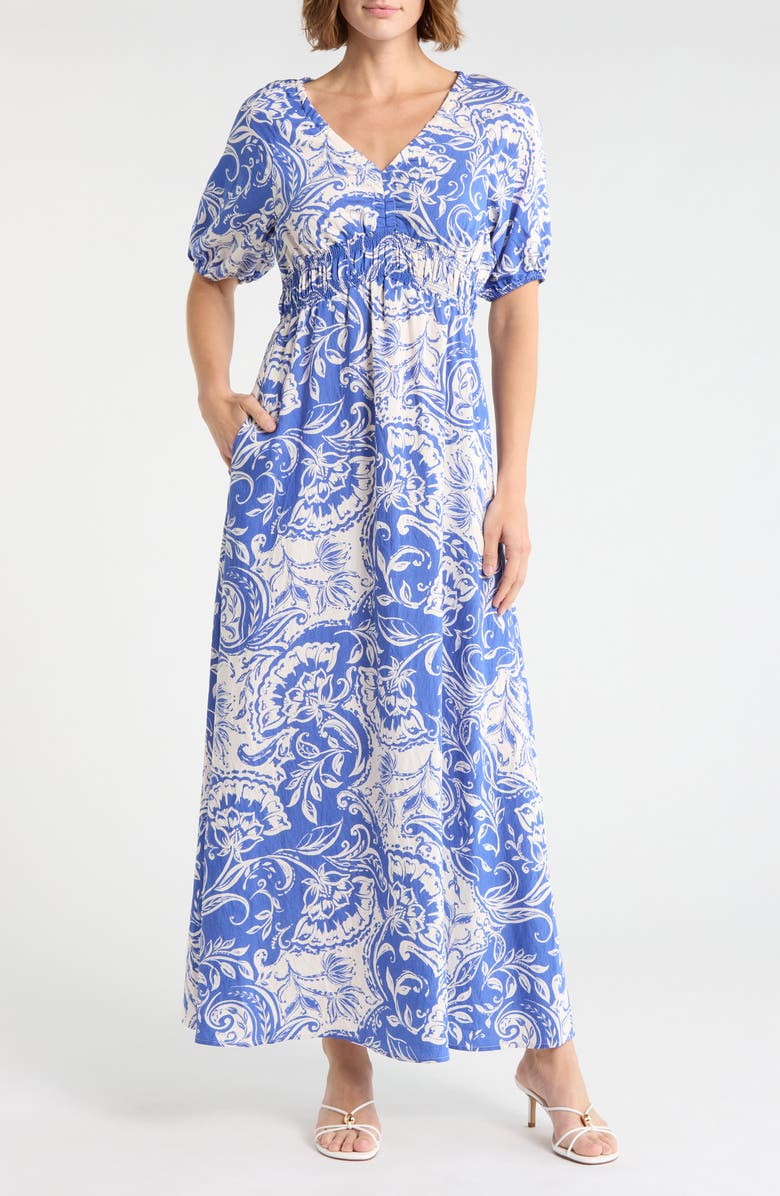 Ellen Tracy Short Sleeve Empire Waist Maxi Dress, Main, color, Azure Batik Floral