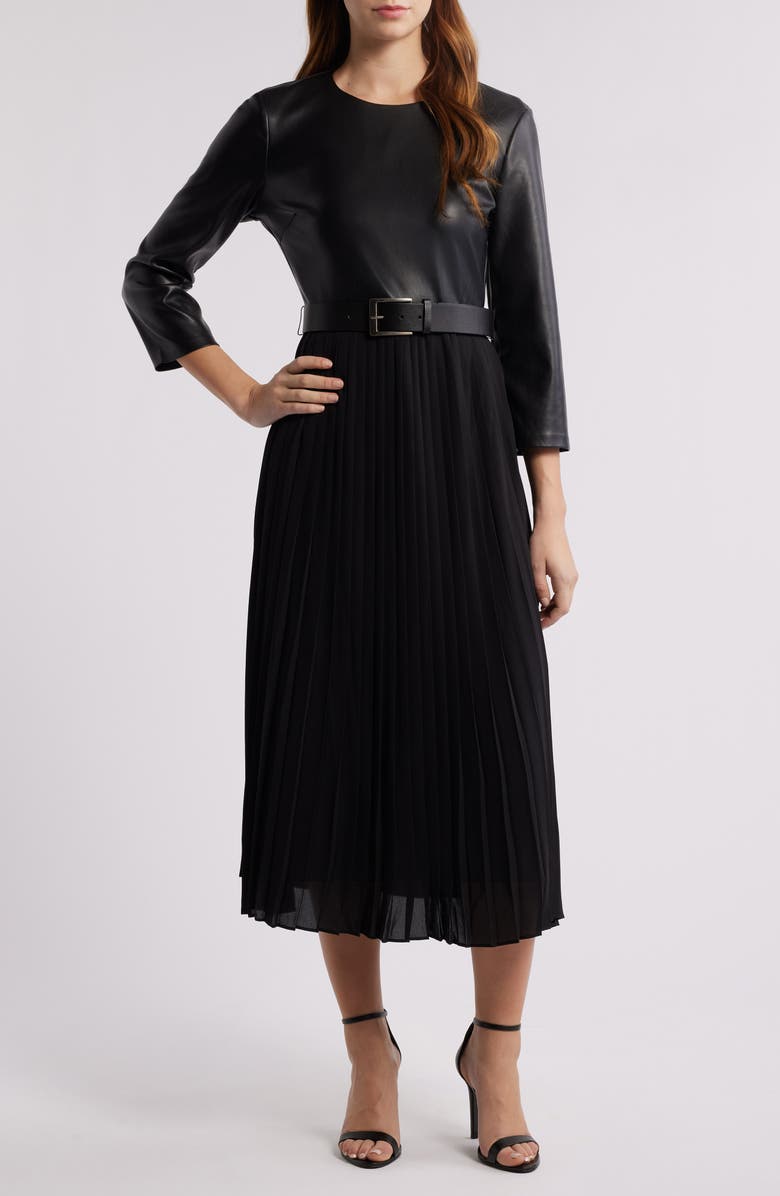 Steve Madden Knox Faux Leather Bodice Pleated Maxi Dress, Main, color,