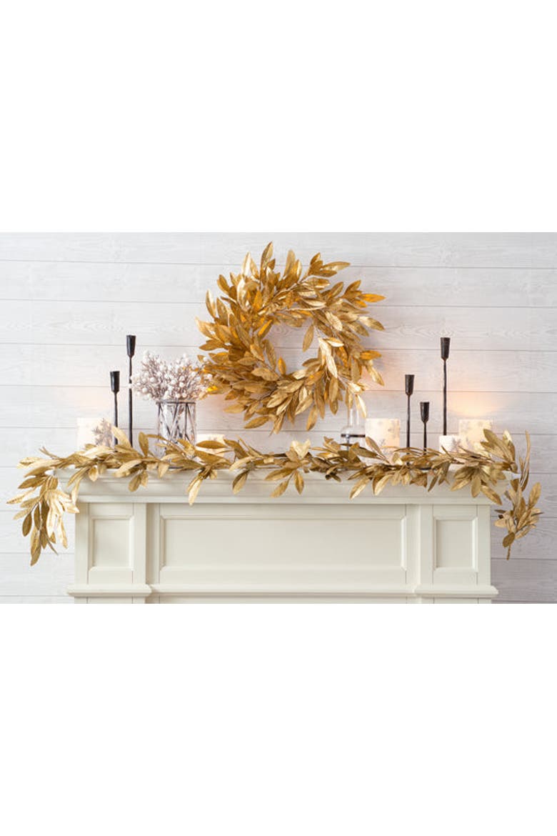 Antiqued Gold Bay Leaf Christmas Holiday Front Door Garland Table Runner, Alternate, color, Metallic Gold